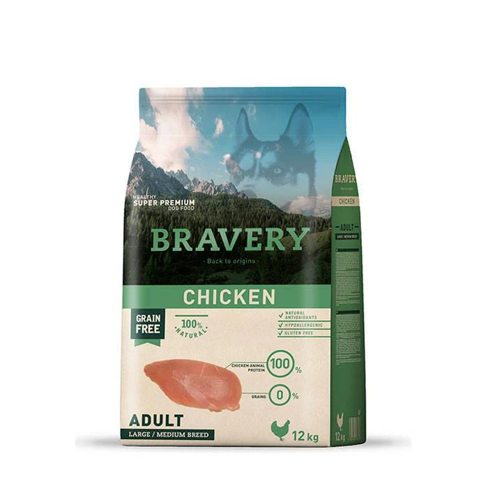 Bravery Adulte Sans Grains Moyen Grand Poulet 12kg 1 Bravery Adulte Sans Grains Moyen Grand Poulet 12kg
