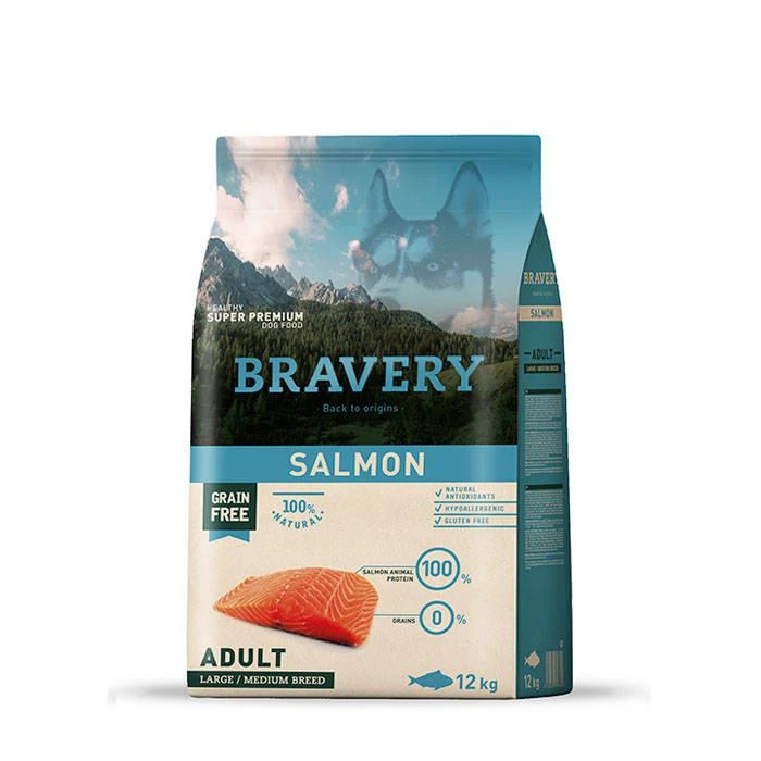 Bravery Adulte Sans Grains Moyen Grand Saumon 12kg 1 Bravery Adulte Sans Grains Moyen Grand Saumon 12kg